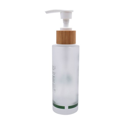 logo printing frozen glass body cream bottle 120ml cosmetic bottle glass wood 100ml frosted glass bottle with bamboo lotion pump